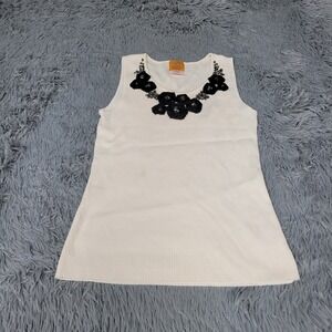 Ruby Rd Top Womens Petite XL Ivory Black Rose Detail Tank Scoop Neck Casual